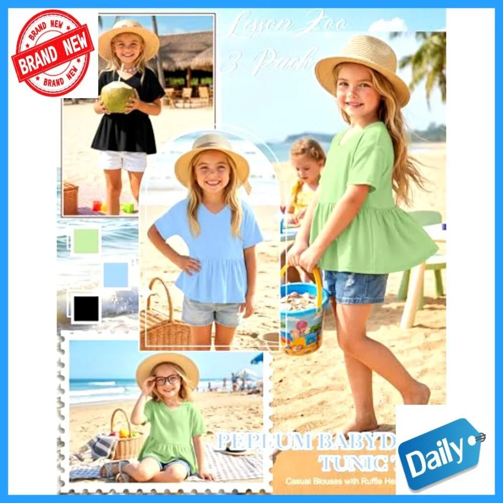 Girl's Peplum Babydoll Tunic Tees 3 Pack Short Sleeve V Neck Ruffle Hem